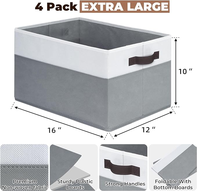 Criusia Extra Large Storage Bins 4 Pack - 16x12in Closet Organizers and Storage Baskets for Organizing Clothes Toy Blanket - Fabric Storage Cubes Containers for Shelves - All Room Organization