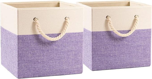 PRANDOM Large Foldable Cube Storage Bins 13x13 inch [2-Pack] Fabric Linen Storage Baskets Cubes Drawer with Cotton Handles Organizer for Shelves Nursery Closet Bedroom Purple