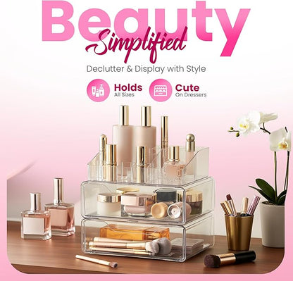 Masirs Clear Acrylic Makeup Organizer with Drawers – Cosmetic Vanity Storage for Skincare, Hair Accessories, Jewelry, Perfume – Durable Countertop Bathroom Organizer