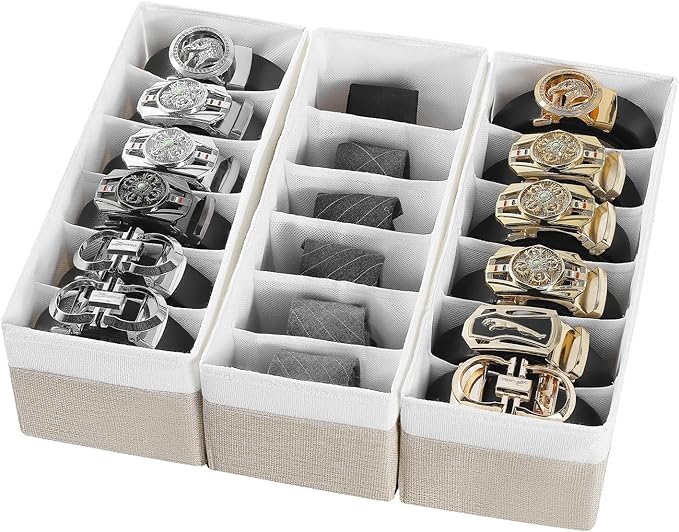 3 Packs Fabric Belt Organizer, 6 Grids Belt Organizer for Closet and Drawer, Foldable Dresser Drawer Organizers,Tie Storage -Beigewhite