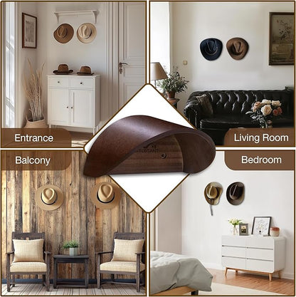 Cowboy Hat Holder Rack for Wall, 2 Pack Hat Hooks with Non-Damage Brim Design, Rustic Wood Hats Hanger on Wall to Keep Original Shape of Hats, for Home, Closet, Entryway, Cabin, Western Room Decor