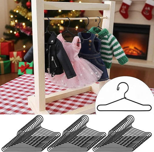 Jenaai 50 Pcs Doll Clothes Hanger 2.56 in Metal Black Doll Outfit Hanger Mini Clothes Hangers for Wardrobe, Dresses, Skirts, and Accessories