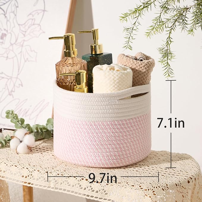 MiniArk Small Basket for Organizing | Cube Shelf Closet Storage Baskets | 9.7×9.7×7.1” | Woven Rope Gift Basket | Nursery | Round 3 Packs Pink