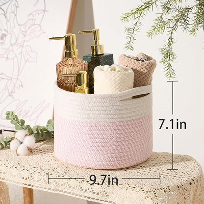 MiniArk Small Basket for Organizing | Cube Shelf Closet Storage Baskets | 9.7×9.7×7.1” | Woven Rope Gift Basket | Nursery | Round 3 Packs Pink