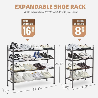 STORAGE MANIAC Expandable Shoe Rack, 16 Pairs Stackable Small Shoe Rack, Metal Adjustable Shoes Organizer for Closet, Entryway, Hallway, Garage, Front Door, Shoes Shelves, Black 4 Tier