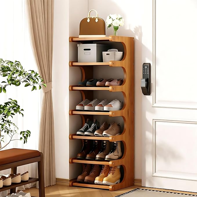 Vertical Shoe Rack 7 Tier, Bamboo Narrow Shoe Rack for Small Spaces, Freestanding Shoe Storage Organizer for Entryway Closet, Space Saving Skinny Shoe Shelf