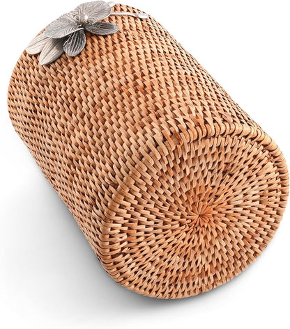 Vagabond House Wicker Rattan Utensil Holder, 8 Inches Tall, Large Kitchen Organizer with Pewter Orchid, Woven Boho Decor for Practicality and Style