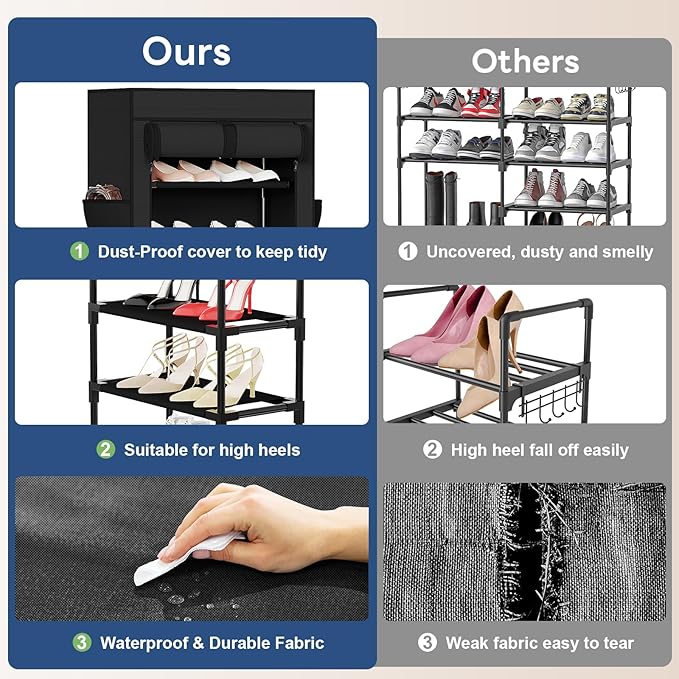 Mavivegue Shoe Rack with Cover, 10 Tier Tall Shoe Organizer for 18-22 Pairs of Shoes, Shoe Organizer with 4 Side Pockets, Shoe Cabinet for Entryway, Closet