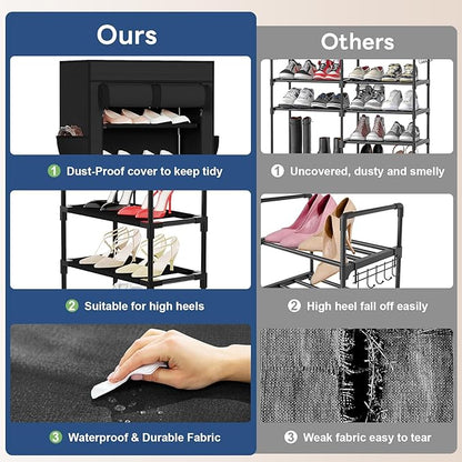 Mavivegue Shoe Rack with Cover, 10 Tier Tall Shoe Organizer for 18-22 Pairs of Shoes, Shoe Organizer with 4 Side Pockets, Shoe Cabinet for Entryway, Closet