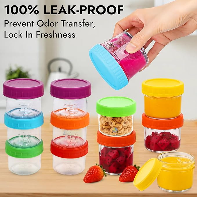 ARSUK 4 OZ Small Glass Containers with Lids (12 Pack) - Mini Glass Jars for Salad Dressing, To-Go Travel, Sauces, Spices, and Meal Prep - Reusable, Airtight, Leakproof, Microwavable and Freezer Safe