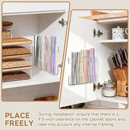 9.5 Inch Cabinet Door Acrylic Straw Holder with Double-Sided Tape, Kitchen Countertop Cabinet Storage Box for Organizing Straws (Transparent)