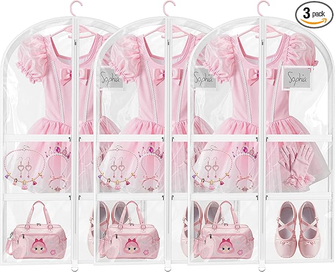 3 Pack Clear Dance Garment Bags for Dancers, 40" Waterproof Dustproof Dance Costume Bags for Hanging Clothes with 5 Large Zipper Pockets for Dance Competition, Suitable for Dress, Uniform