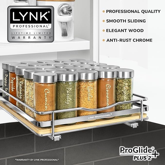 LYNK PROFESSIONAL® Élite™ Pull Out Spice Organization for Cabinets - 10-3/8 inch Wide – Spice Rack for Inside Cabinets – Wood/Chrome - Sliding Spice Rack Organizer for cabinet – Spice Rack - 1 Tier