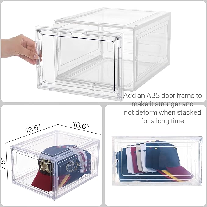 Attelite Upgrade Harder Solid Plastic Hat Organizer for Baseball Caps, 8 Pack Stackable Hat Storage Box with Clear Magnetic Door, Hat Rack(XL-Clear)