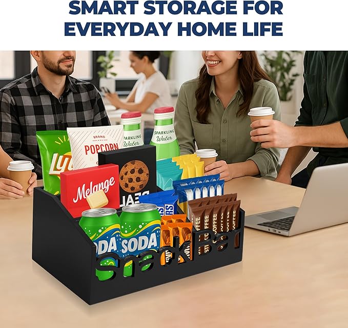 Snack Bar Organizer – Black 5 Compartment Station, Countertop Pantry Organizer for Kitchen, Office Food Holder, Candy Storage Bin, Display Stand, Cabinet Tray & Shelf