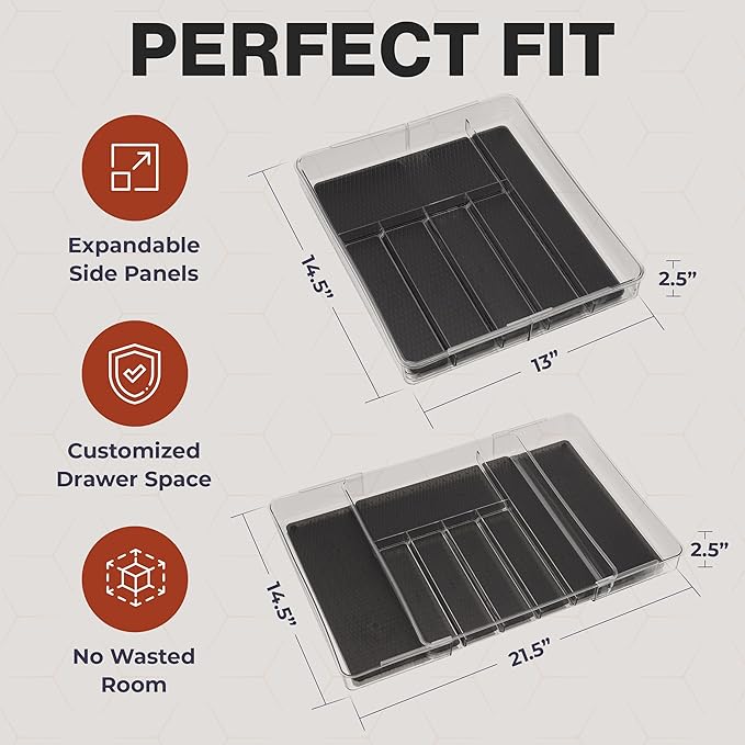 Masirs Expandable Utensil Drawer Organizer - BPA-Free Plastic Clear Silverware Tray with Multiple Compartments - Non-Slip Cutlery Storage for Kitchen, Bathroom, or Office Drawers (Black)