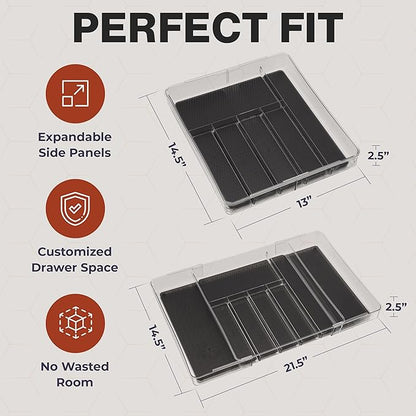 Masirs Expandable Utensil Drawer Organizer - BPA-Free Plastic Clear Silverware Tray with Multiple Compartments - Non-Slip Cutlery Storage for Kitchen, Bathroom, or Office Drawers (Black)