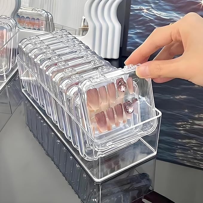 13 Pcs Clear Press On Nail Storage Box with Container, False Nail Case Organizer Press On Nail Packaging Box Nail Display Case with Double Sided Tape for Nail Art Home Salon Nail Business Supplies
