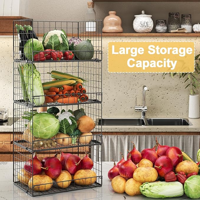 4 Pack Stackable Wire Baskets for Pantry Organizers and Storage, Large Pantry Basket for Snack Organizer, Foldable Fruit and Vegetable Storage Bin Store Can Onion Potato for Kitchen Cabinet/Countertop
