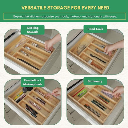 Rubber Wood Silverware Organizer for Drawer - [15"L x 11"W x 2"H] Utensil Tray, 5 Compartment Flatware Holder, Multi-Purpose Kitchen Drawer Organizer for Utensils, Stationery & Hand Tools