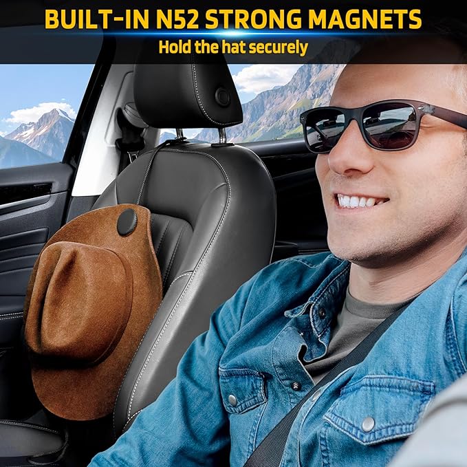 Cowboy Hat Holder for Truck, Magnetic Hat Clip Leather Hat Rack for Car, Headrest Hat Hanger Vehicle Hat Organizer Accessories - Keep Hat Shape, Black, 1 Pack