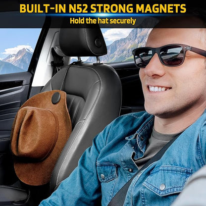 Cowboy Hat Holder for Truck, Magnetic Hat Clip Leather Hat Rack for Car, Headrest Hat Hanger Vehicle Hat Organizer Accessories - Keep Hat Shape, Black, 1 Pack