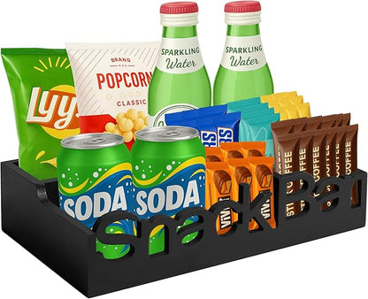 Snack Bar Organizer – Black 4 Compartment Station, Countertop Pantry Organizer for Kitchen, Office Food Holder, Candy Storage Bin, Display Stand, Cabinet Tray & Shelf