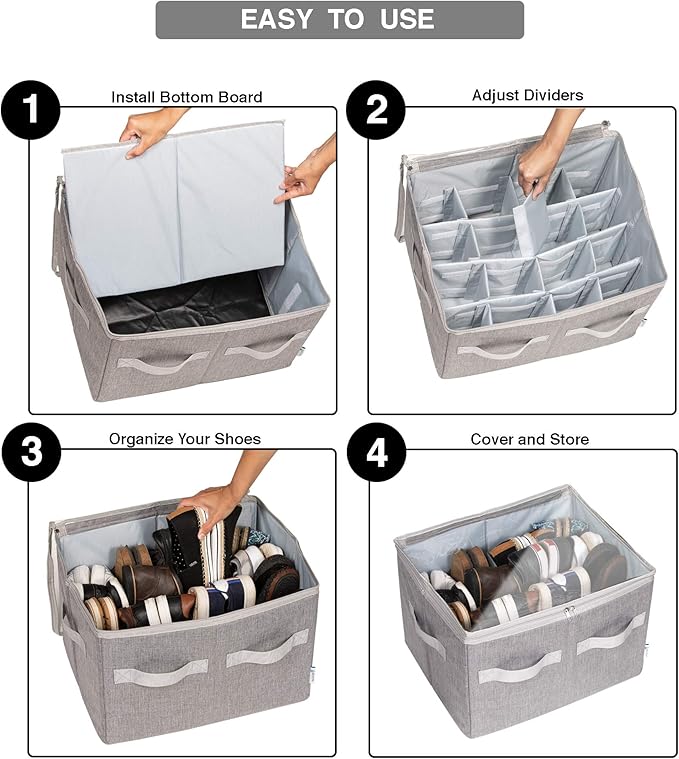 Moteph Shoe Organizer Closet Storage Solution with Clear Cover & Adjustable Dividers for Shoes, Handbags, Blankets, Linen, Clothing (Medium - 16 Pairs, Grey)