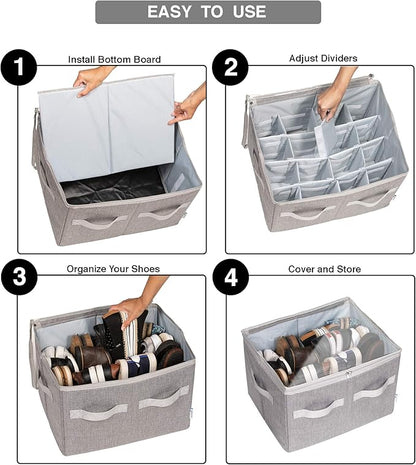 Moteph Shoe Organizer Closet Storage Solution with Clear Cover & Adjustable Dividers for Shoes, Handbags, Blankets, Linen, Clothing (Medium - 16 Pairs, Grey)