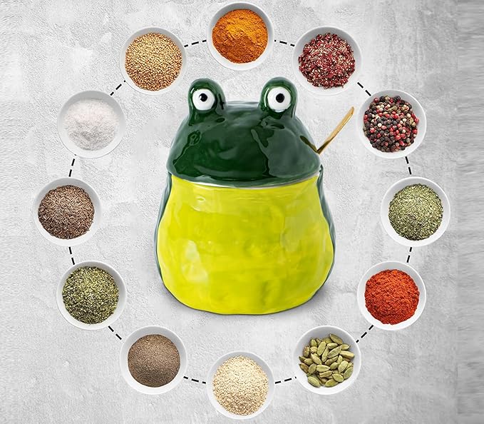 dgudgu Frog Salt Cellar With Lid And Spoon Ceramic Salt Container Green Salt Box Cute Salt Containers For Countertop– Elegant Salt Holder For Countertop