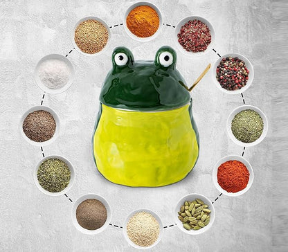 dgudgu Frog Salt Cellar With Lid And Spoon Ceramic Salt Container Green Salt Box Cute Salt Containers For Countertop– Elegant Salt Holder For Countertop
