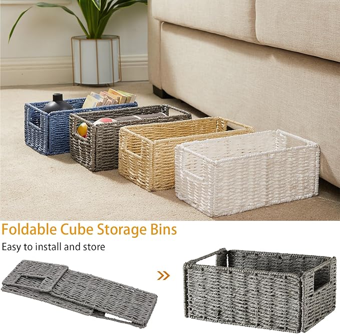 Vagusicc Wicker Storage Basket, Set of 2 Hand-Woven Paper Rope Wicker Basket, Small Storage Baskets for Organizing Toilet Paper Basket, Foldable Large Cube Storage Organizer Bins for Shelves (White)