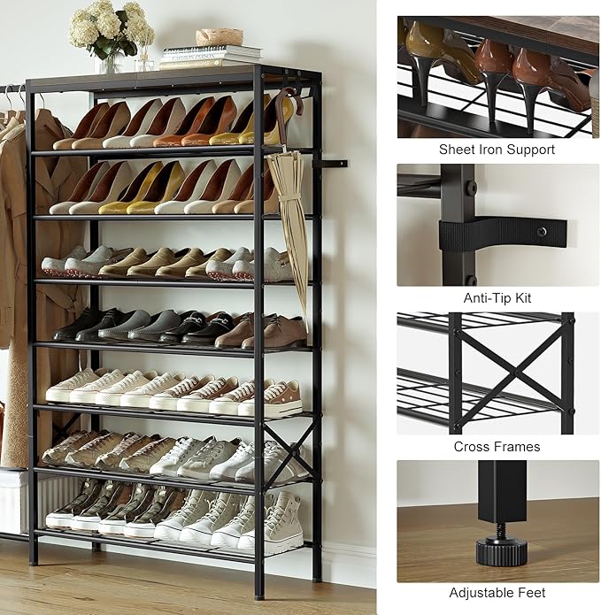 Shoe Rack with Coat Rack, 8 Tier Tall Shoe Storage Organizer with Hooks, 3-in-1, Wooden Top Shelf, Sturdy Frame, Metal Clothes Hanger Stand for Entryway, Closet, Rustic Brown and Black