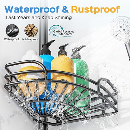 HAMITOR Corner Shower Caddy Tension Pole: 4-Tier Large Capacity Bathroom Organizer Shelf with Towel Bar - Rustproof No-Drill Adjustable 47-123 inch Storage for Renters, Home Bathtub Stand Rack, Black