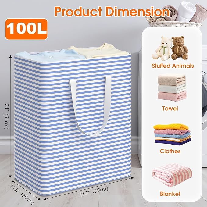 3 Pack Large Laundry Basket,Waterproof & Freestanding Laundry Hamper,Collapsible Clothes Hampers with Easy Carry Long & Reinforced Handles in Bathroom,College Dorm(100Lx3,Blue)