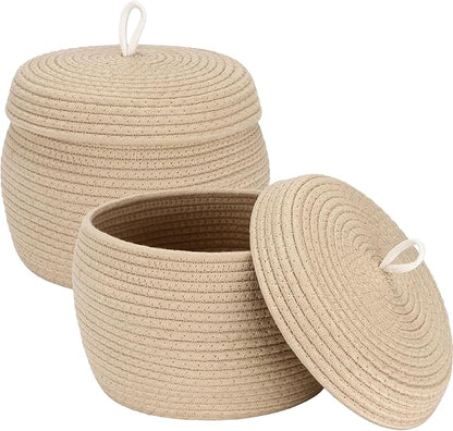 Sea Team Round Cotton Rope Storage Basket with Lid, Decorative Woven Storage Bin, Pot, Caddy, Organizer, Container for Snacks, Towels, Plants (Khaki, Small/2-Pack)