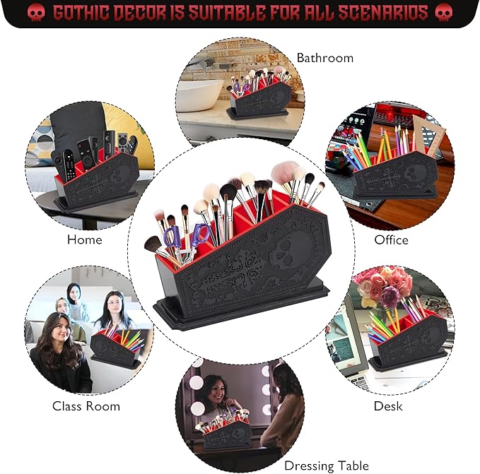 Gothic Coffin Decor Makeup Brush Holder,Spooky Witchy Gifts for Women,Skull Cosmetic Display Cases,Goth Decor Pen Holder, Vanity, Desk, Office Organizer for Mothers Day Bedroom Bathroom (Red)