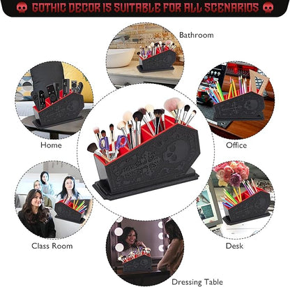 Gothic Coffin Decor Makeup Brush Holder,Spooky Witchy Gifts for Women,Skull Cosmetic Display Cases,Goth Decor Pen Holder, Vanity, Desk, Office Organizer for Mothers Day Bedroom Bathroom (Red)