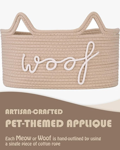 Sea Team Dog Toy Basket with Handles, 16.5 x 11 x 7 Inches, 4.4 Gallons Large Cotton Rope Storage Bin, Box, Shelf Organizer for Pet Chew Toys, Foods, Beige Woof