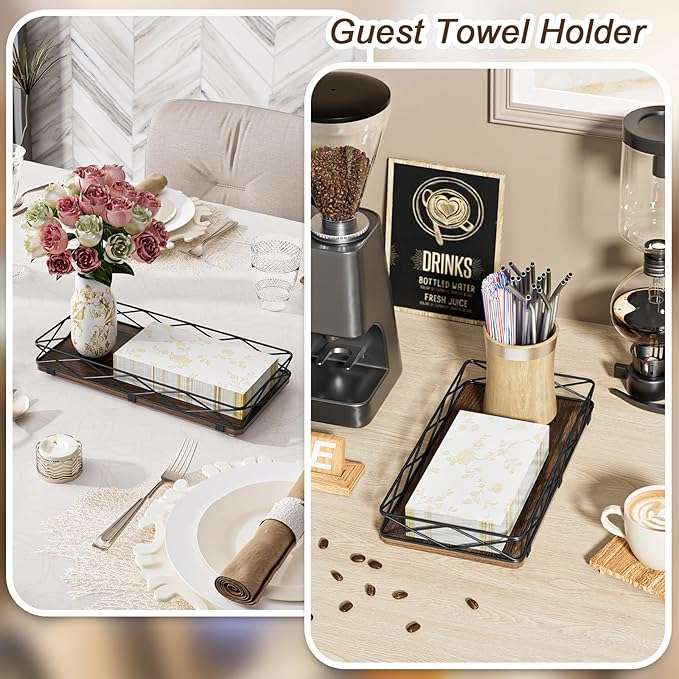Lixple Toilet Paper Basket Holder, 13" Toilet Tank Tray, Wood and Metal Toilet Tray Vanity Organizer Bathroom Tray, Kitchen Sink Organizer for Soap Dispenser (Brown+Black)