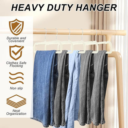 Pants Hangers Space Saving, 30 Pack Velvet Hangers for Closet with 30 Hooks, Strong Durable Non Slip Slim Clothes Hanger, Ultra Soft Flocked Hanger for Pants, Shirts, Bra, Shorts (Cream)