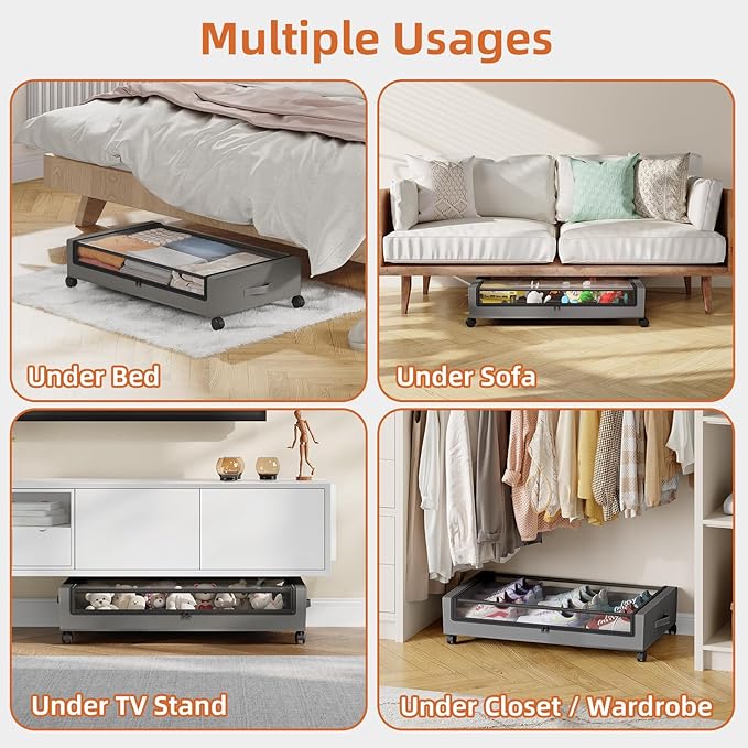 Somdot Under Bed Storage with Wheels, 2 Pack Bed Storage Containers with Dividers & Clear Lids, Easy Pull-out Metal Drawer for Clothes, Shoes,Toys, Blankets (Charcoal Grey)