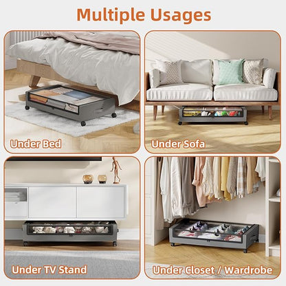 Somdot Under Bed Storage with Wheels, 2 Pack Bed Storage Containers with Dividers & Clear Lids, Easy Pull-out Metal Drawer for Clothes, Shoes,Toys, Blankets (Charcoal Grey)