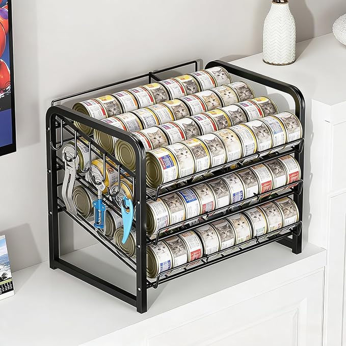 Iron Cat Food Container, Can Organizer for Pantry, Pet Food Storage Containers, 3-Tier Can Stackable Storage Rack with 6 Fixed Hooks, Canned Goods Organizer for Countertop Kitchen Cabinet, Black