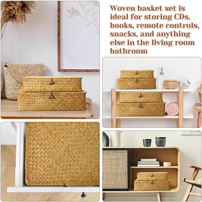 Didaey Set of 4 Seagrass Basket with Lid Wicker Storage Basket Decorative Storage Boxes with Lids Flat Storage Bins Woven Organizer Baskets for Shelf Closet Bedroom, 4 Sizes (Yellow)