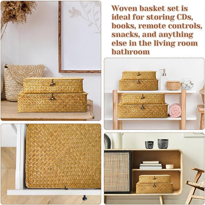 Didaey Set of 4 Seagrass Basket with Lid Wicker Storage Basket Decorative Storage Boxes with Lids Flat Storage Bins Woven Organizer Baskets for Shelf Closet Bedroom, 4 Sizes (Yellow)