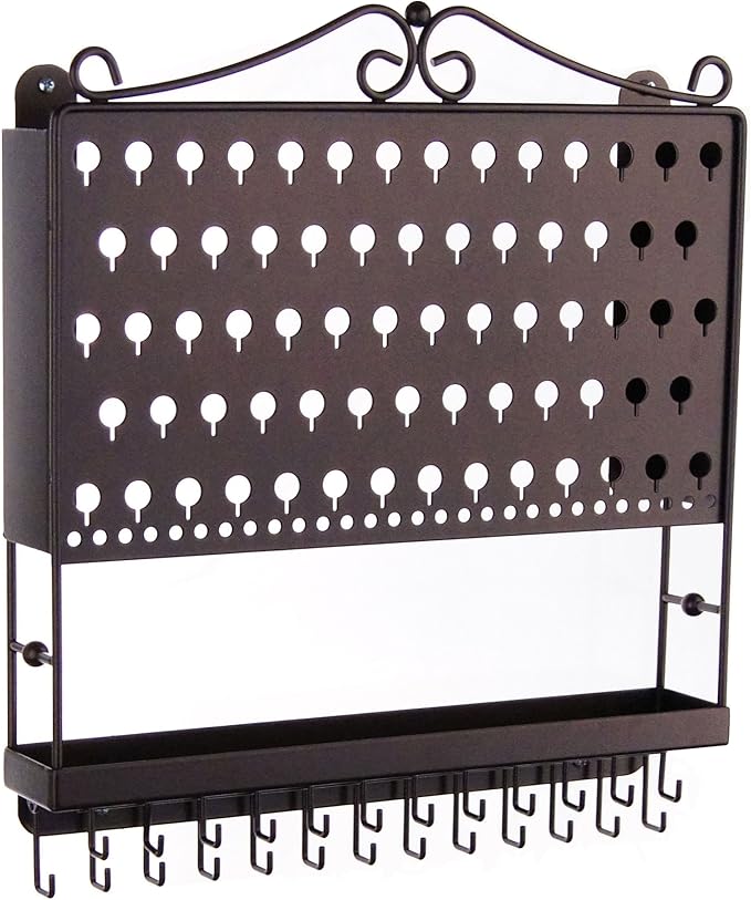Angelynn's Wall Mounted Earring Holder Necklace Organizer for Small and Medium Post Stud Dangle Pierced Earrings, Hanging Closet Jewelry Storage Rack with Tray, AAA Rubbed Bronze 14 1/2" x16 1/4"