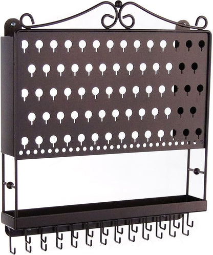Angelynn's Wall Mounted Earring Holder Necklace Organizer for Small and Medium Post Stud Dangle Pierced Earrings, Hanging Closet Jewelry Storage Rack with Tray, AAA Rubbed Bronze 14 1/2" x16 1/4"