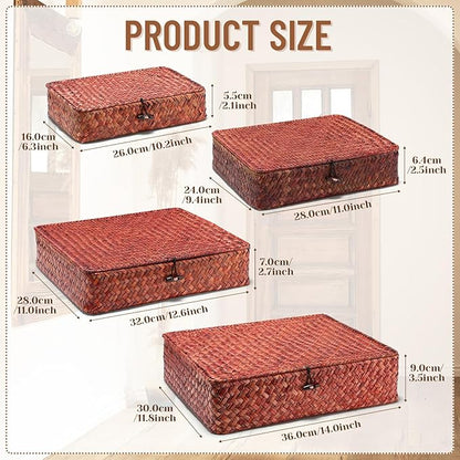 Didaey Set of 4 Seagrass Basket with Lid Wicker Storage Basket Decorative Storage Boxes with Lids Flat Storage Bins Woven Organizer Baskets for Shelf Closet Bedroom, 4 Sizes (Retro Red)
