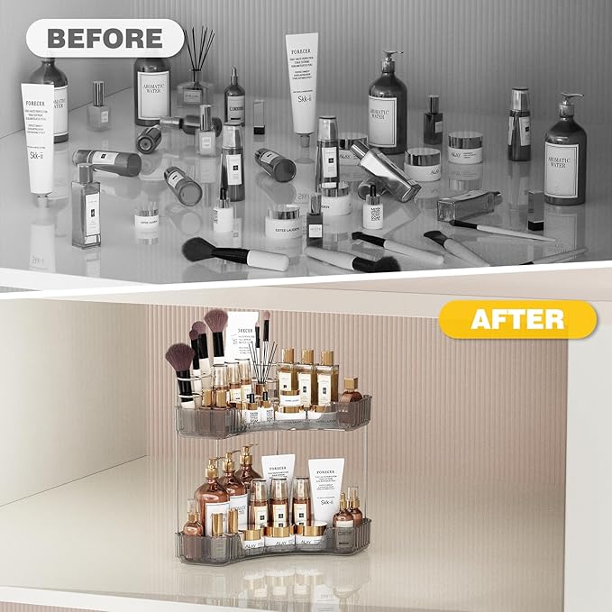Asayuee 2-Tier Corner Bathroom Counter Organizer with Top Toothbrush Holders,Large Makeup Organizer Countertop with Brush Holder,Skincare Organizers Corner,Exquisite Vanity Organizer (Gray, 2 Tier)